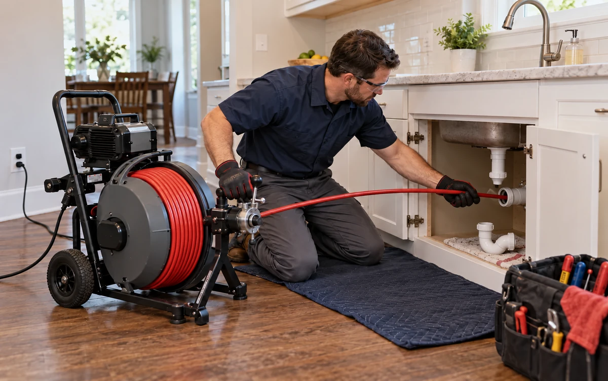 An electric drain machine used under a kitchen sink
