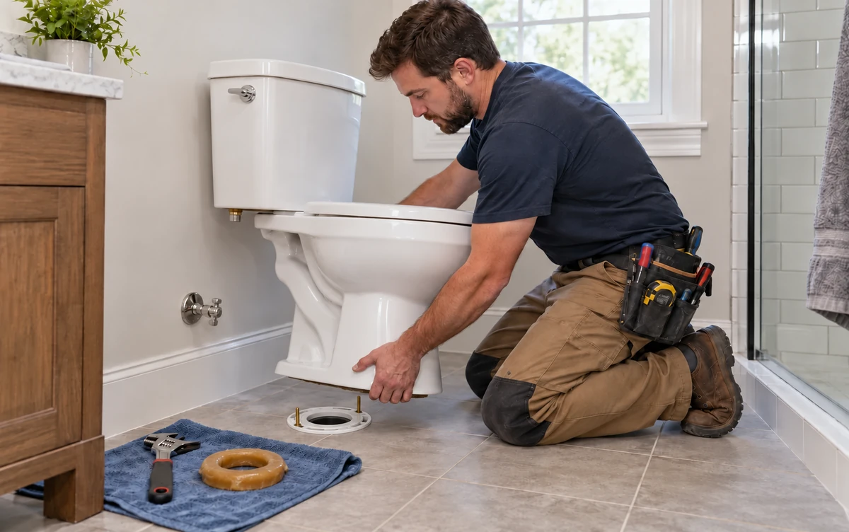 A technician aligning a toilet over its floor flange